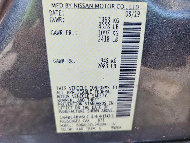 Aukcja sprzedaży 2020 Nissan Altima, vin: 1N4BL4BV6LC144001, numer aukcji: 69558686