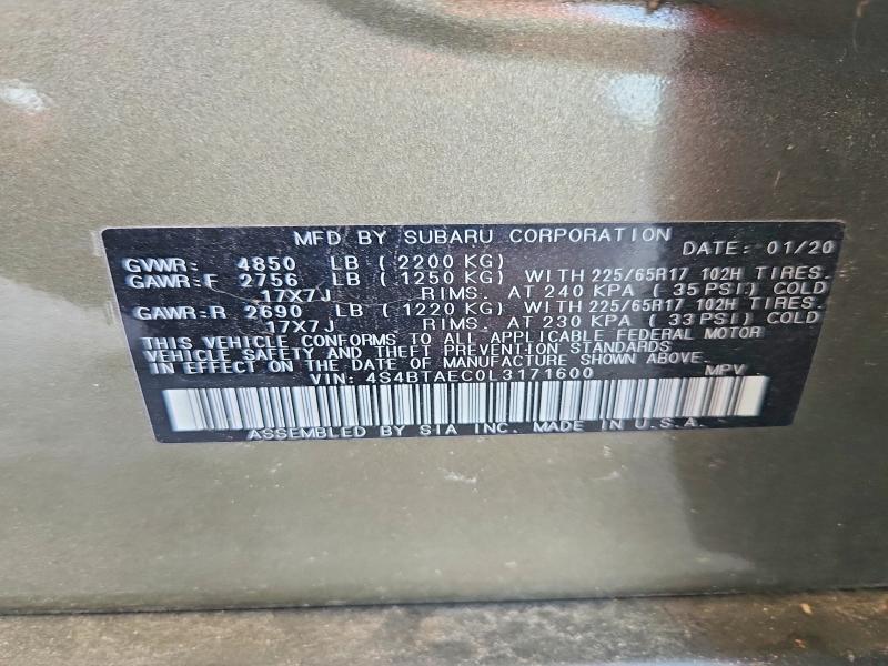 Продаж на аукціоні авто 2020 Subaru Outback, vin: 4S4BTAEC0L3171600, номер лоту: 67625086