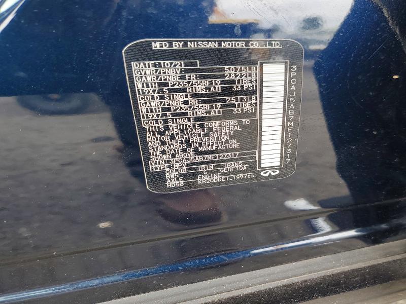 Aukcja sprzedaży 2021 Infiniti Qx50, vin: 3PCAJ5AB7MF127317, numer aukcji: 69356866