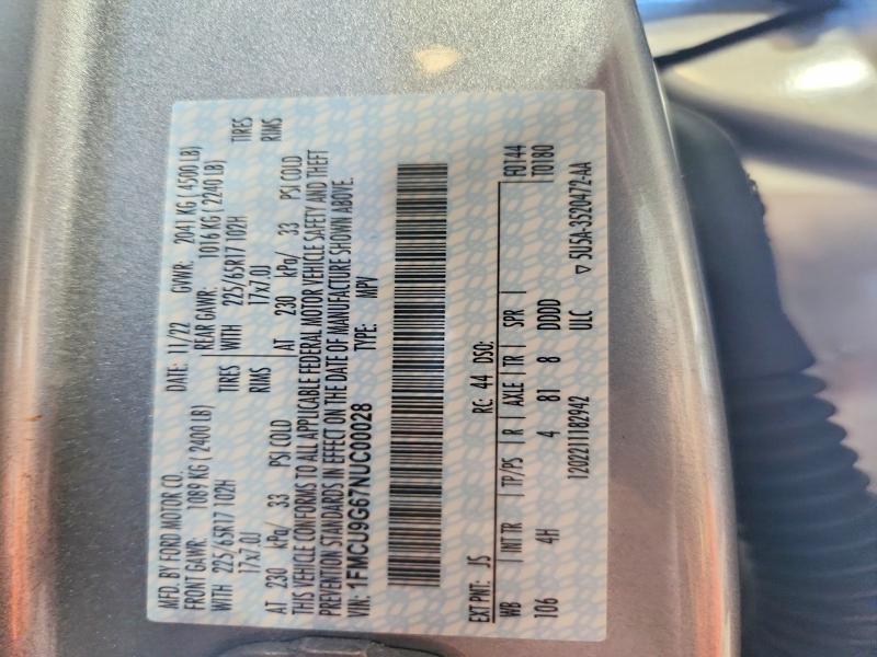 69978956 :رقم المزاد ، 1FMCU9G67NUC00028 vin ، 2022 Ford Escape مزاد بيع
