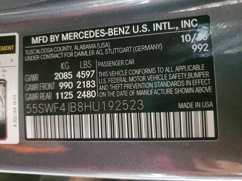 Aukcja sprzedaży 2017 Mercedes-benz C, vin: 55SWF4JB8HU192523, numer aukcji: 70013546