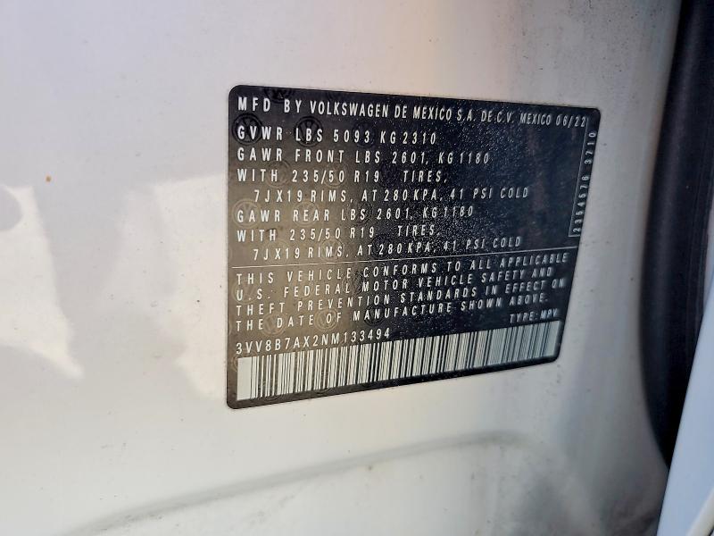 2022 Volkswagen Tiguan მანქანა იყიდება აუქციონზე, vin: 3VV8B7AX2NM133494, აუქციონის ნომერი: 68673616
