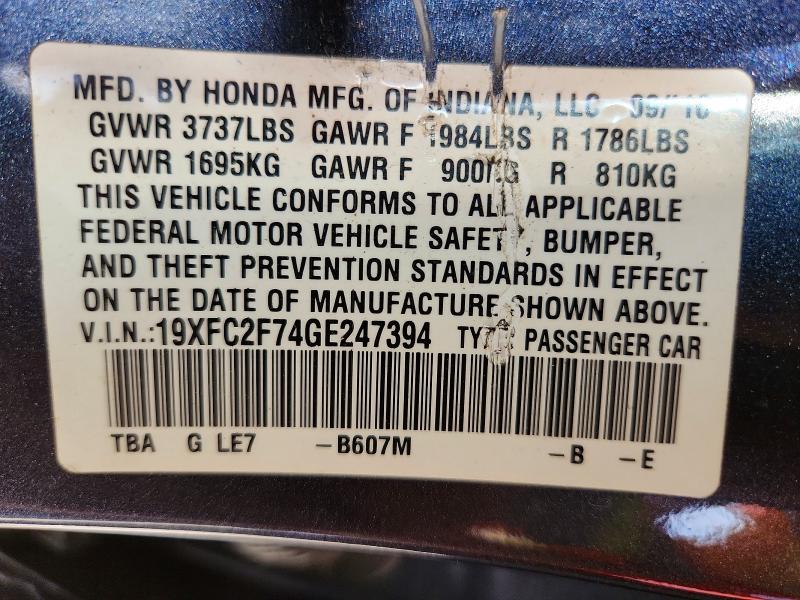 69215566 :رقم المزاد ، 19XFC2F74GE247394 vin ، 2016 Honda Civic مزاد بيع