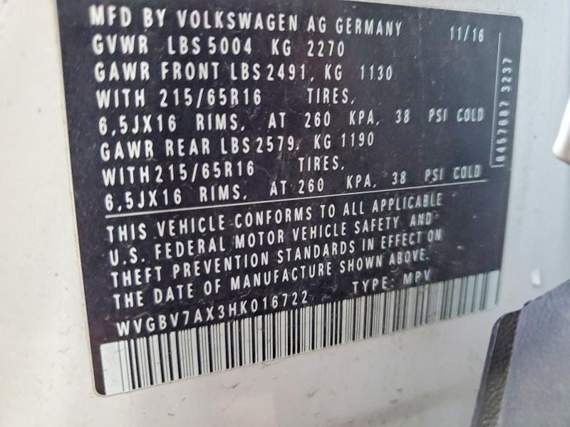 Aukcja sprzedaży 2017 Volkswagen Tiguan, vin: WVGBV7AX3HK016722, numer aukcji: 67451246