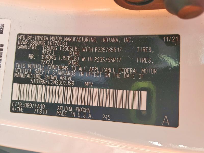 Продажа на аукционе авто 2022 Toyota Sienna, vin: 5TDYRKEC2NS092398, номер лота: 67546086