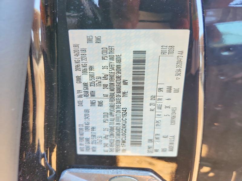2019 Ford Escape მანქანა იყიდება აუქციონზე, vin: 1FMCU0GDXKUC19243, აუქციონის ნომერი: 67479486