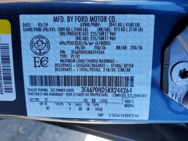 69962846 :رقم المزاد ، 3FA6P0HD5KR244264 vin ، 2019 Ford Fusion مزاد بيع