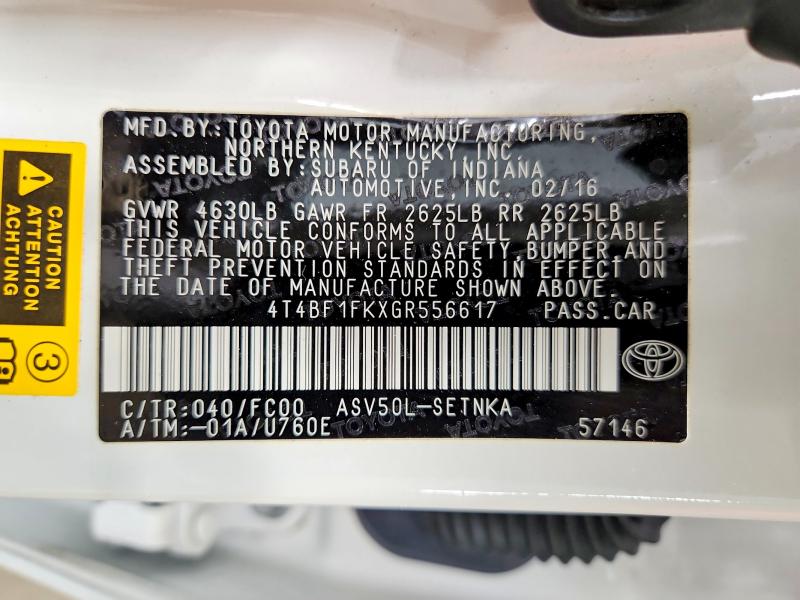2016 Toyota Camry მანქანა იყიდება აუქციონზე, vin: 4T4BF1FKXGR556617, აუქციონის ნომერი: 67663526