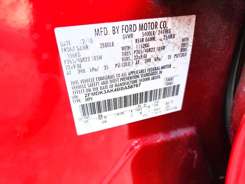 2011 Ford Edge მანქანა იყიდება აუქციონზე, vin: 2FMDK3AK4BBA58767, აუქციონის ნომერი: 69099316
