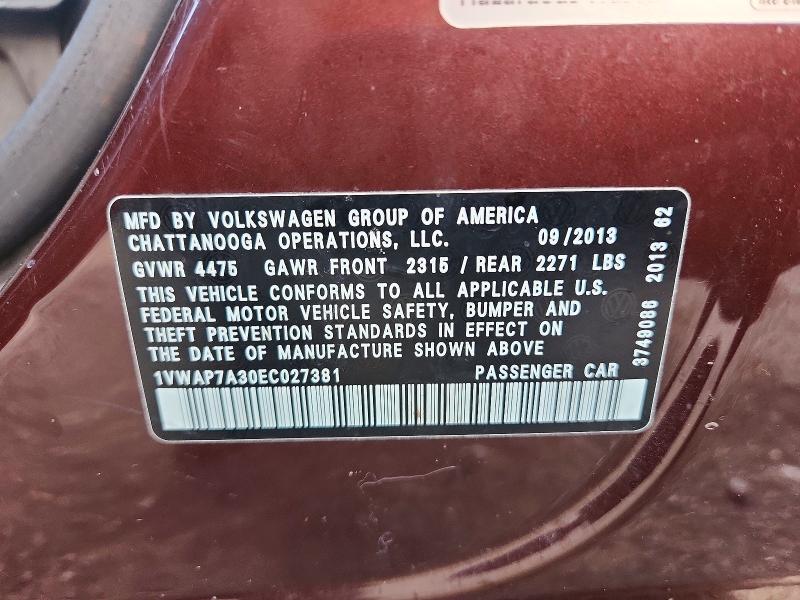 70361076 :رقم المزاد ، 1VWAP7A30EC027381 vin ، 2014 Volkswagen Passat مزاد بيع