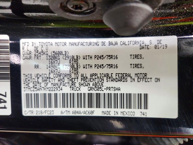 68245236 :رقم المزاد ، 3TMCZ5AN7KM222934 vin ، 2019 Toyota Tacoma مزاد بيع