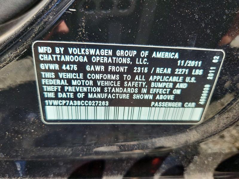 Продаж на аукціоні авто 2012 Volkswagen Passat, vin: 1VWCP7A38CC027263, номер лоту: 70978956
