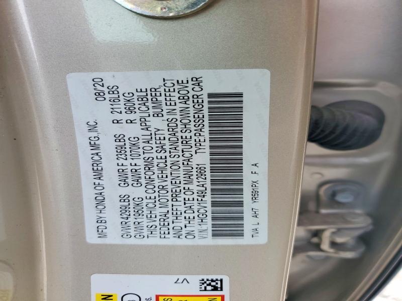 69715646 :رقم المزاد ، 1HGCV1F49LA129661 vin ، 2020 Honda Accord مزاد بيع