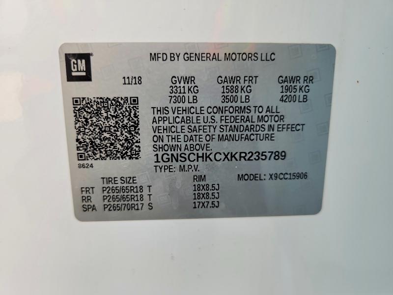 69652616 :رقم المزاد ، 1GNSCHKCXKR235789 vin ، 2019 Chevrolet Suburban مزاد بيع