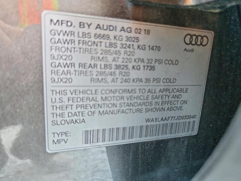 Aukcja sprzedaży 2018 Audi Q7, vin: WA1LAAF77JD033540, numer aukcji: 70831706
