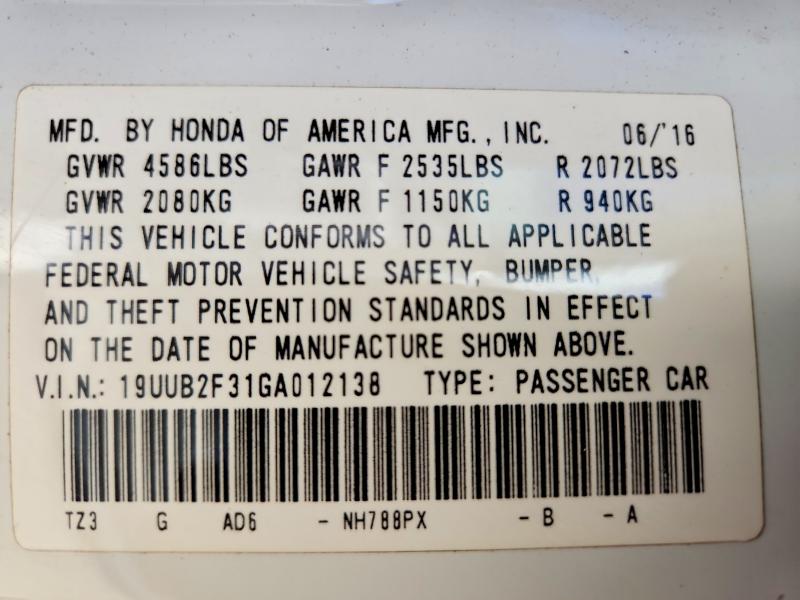 68022136 :رقم المزاد ، 19UUB2F31GA012138 vin ، 2016 Acura Tlx مزاد بيع