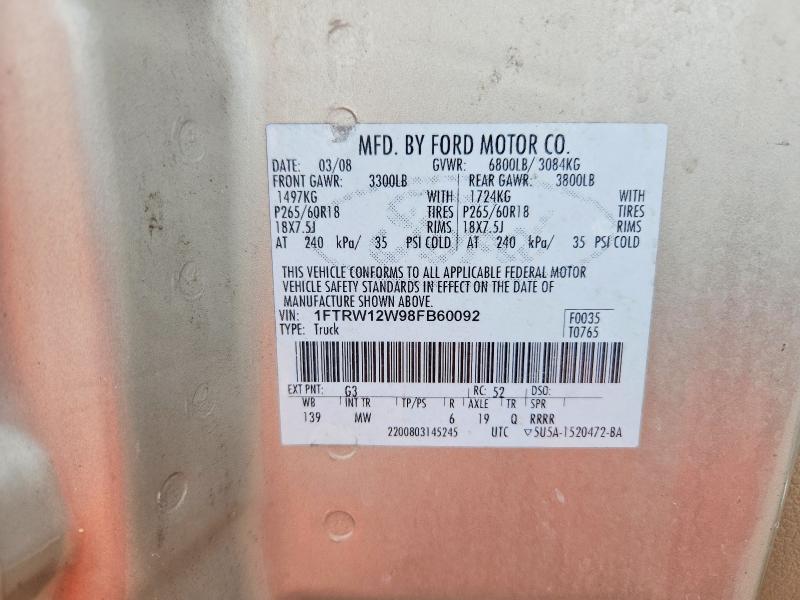 67743596 :رقم المزاد ، 1FTRW12W98FB60092 vin ، 2008 Ford F150 مزاد بيع