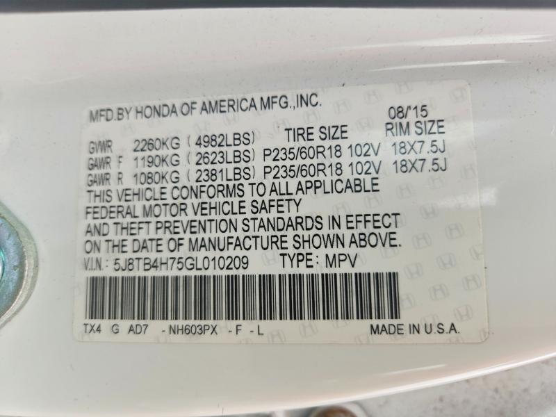 67156376 :رقم المزاد ، 5J8TB4H75GL010209 vin ، 2016 Acura Rdx مزاد بيع