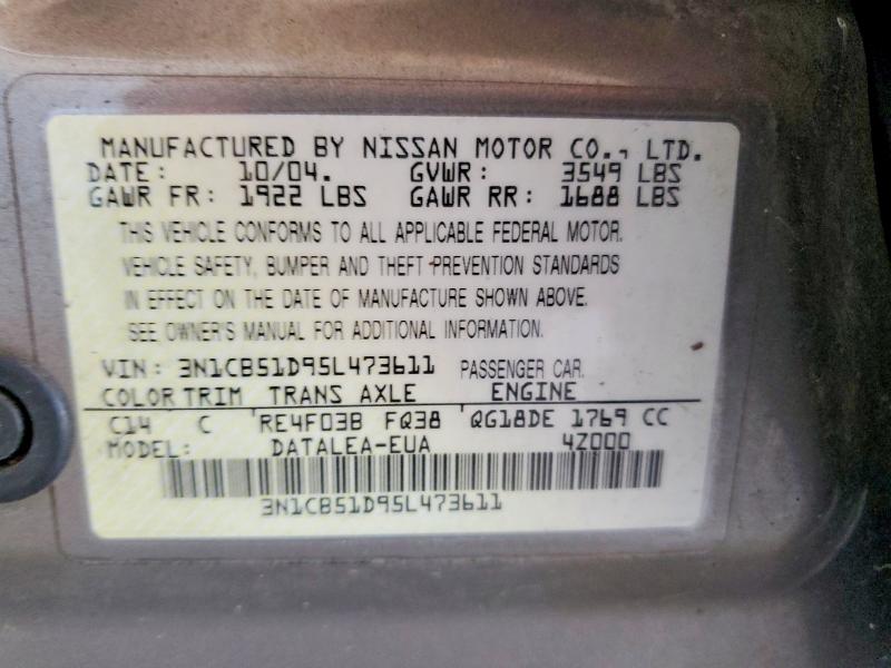 2005 Nissan Sentra მანქანა იყიდება აუქციონზე, vin: 3N1CB51D95L473611, აუქციონის ნომერი: 70461026