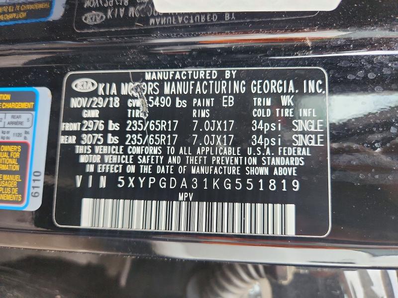 71203786 :رقم المزاد ، 5XYPGDA31KG551819 vin ، 2019 Kia Sorento مزاد بيع