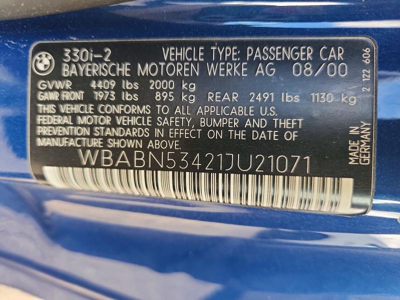 Aukcja sprzedaży 2001 Bmw 330, vin: WBABN53421JU21071, numer aukcji: 69966446