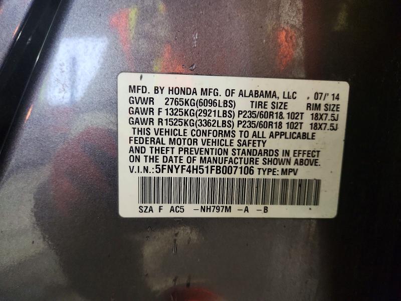 66698406 :رقم المزاد ، 5FNYF4H51FB007106 vin ، 2015 Honda Pilot مزاد بيع