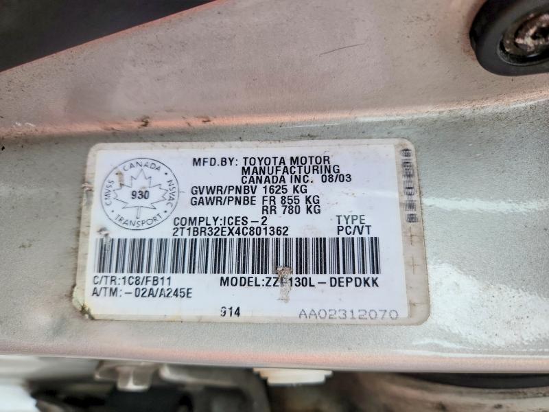 Продаж на аукціоні авто 2004 Toyota Corolla, vin: 2T1BR32EX4C801362, номер лоту: 68956106