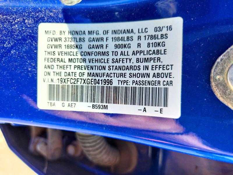 69134156 :رقم المزاد ، 19XFC2F7XGE041996 vin ، 2016 Honda Civic مزاد بيع