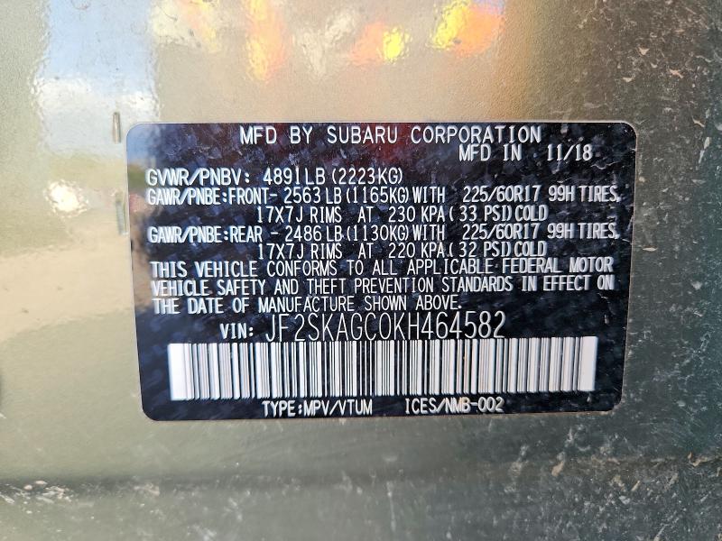 2019 Subaru Forester მანქანა იყიდება აუქციონზე, vin: JF2SKAGC0KH464582, აუქციონის ნომერი: 68193236