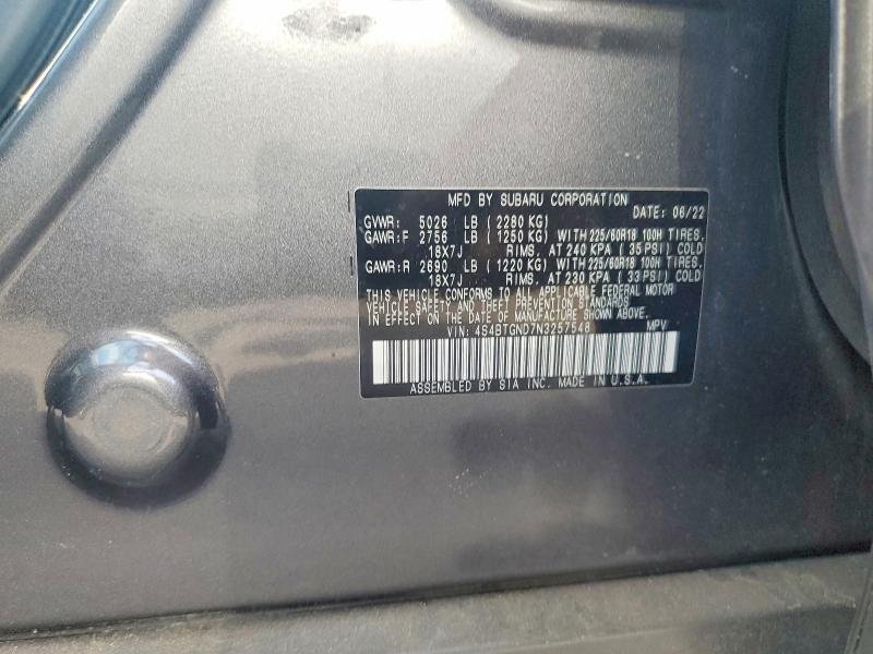 68802016 :رقم المزاد ، 4S4BTGND7N3257548 vin ، 2022 Subaru Outback مزاد بيع