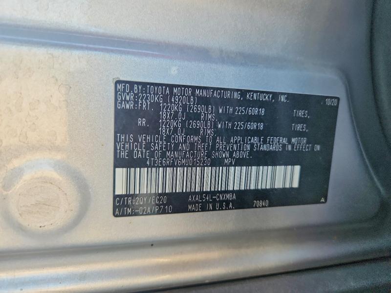 67451966 :رقم المزاد ، 4T3E6RFV6MU015230 vin ، 2021 Toyota Rav4 مزاد بيع