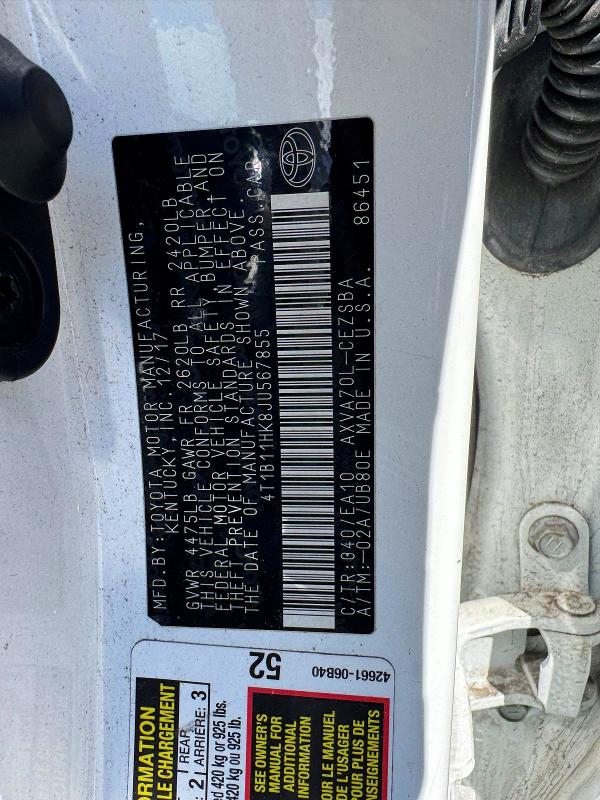 2018 Toyota Camry მანქანა იყიდება აუქციონზე, vin: 4T1B11HK8JU567855, აუქციონის ნომერი: 70841206