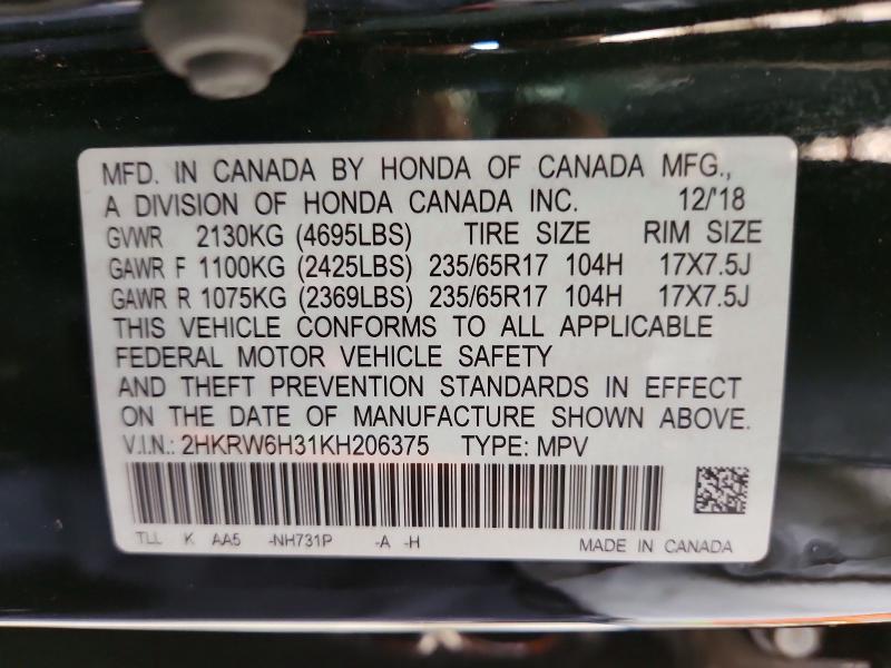 Продаж на аукціоні авто 2019 Honda Cr-v, vin: 2HKRW6H31KH206375, номер лоту: 67709486