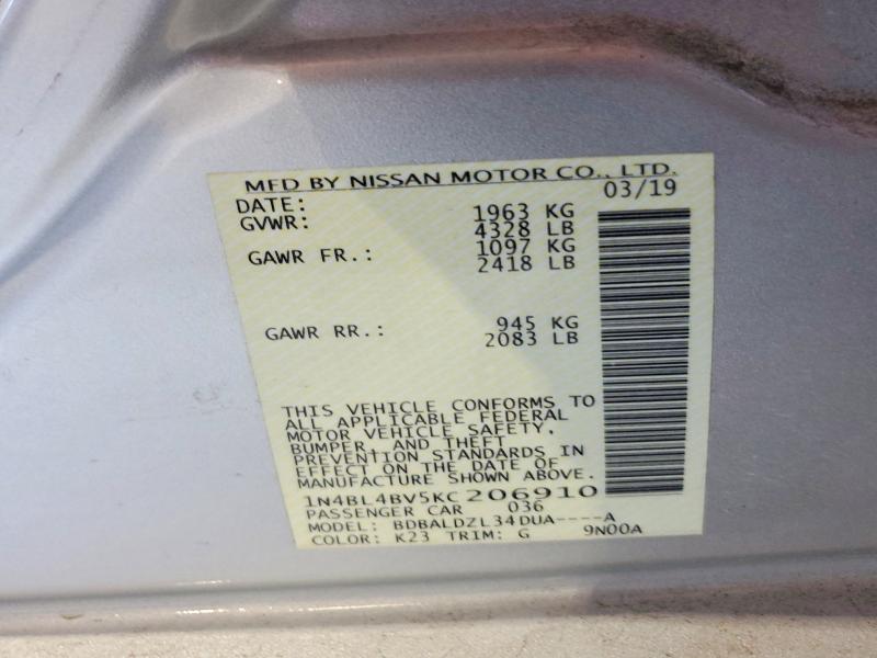 2019 Nissan Altima მანქანა იყიდება აუქციონზე, vin: 1N4BL4BV5KC206910, აუქციონის ნომერი: 67024856