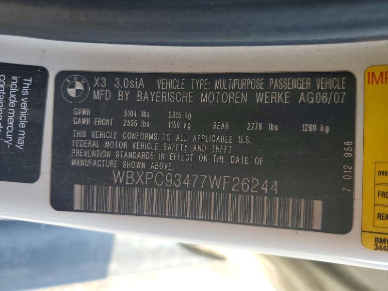 2007 Bmw X3 მანქანა იყიდება აუქციონზე, vin: WBXPC93477WF26244, აუქციონის ნომერი: 68816136