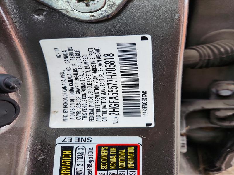 Aukcja sprzedaży 2007 Honda Civic, vin: 2HGFA55577H706818, numer aukcji: 66351096
