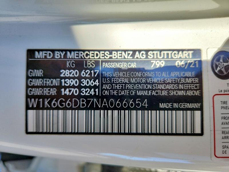 67522916 :رقم المزاد ، W1K6G6DB7NA066654 vin ، 2022 Mercedes-benz S مزاد بيع