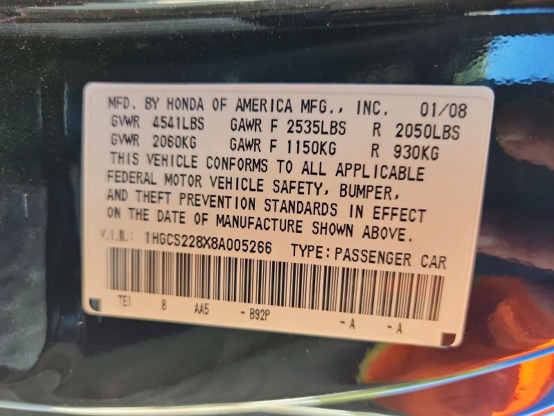 70294666 :رقم المزاد ، 1HGCS228X8A005266 vin ، 2008 Honda Accord مزاد بيع