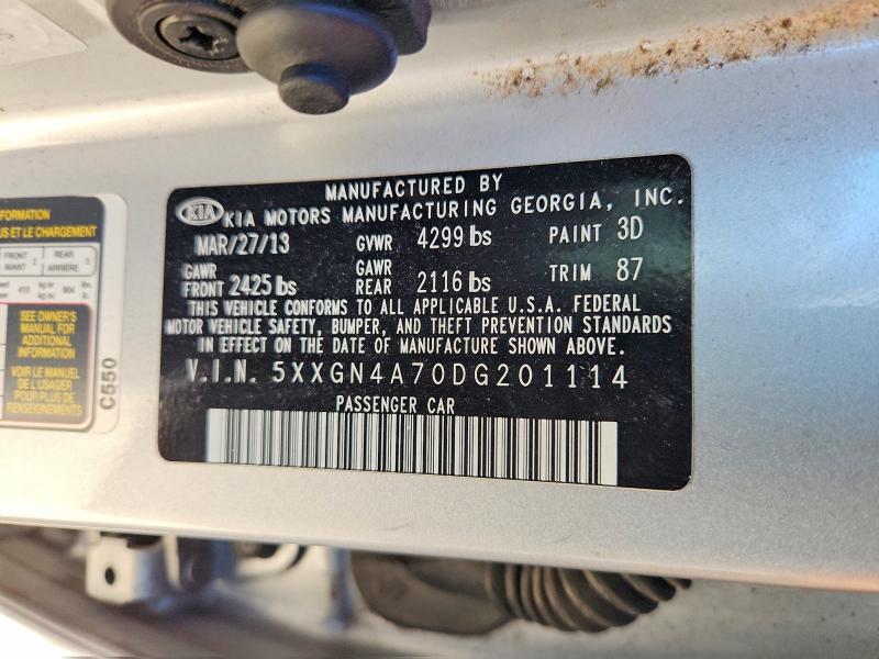 2013 Kia Optima მანქანა იყიდება აუქციონზე, vin: 5XXGN4A70DG201114, აუქციონის ნომერი: 67898476