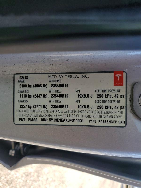 2018 Tesla Model 3 მანქანა იყიდება აუქციონზე, vin: 5YJ3E1EAXJF011001, აუქციონის ნომერი: 70746116
