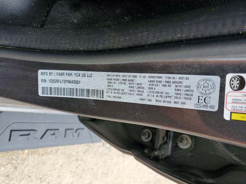 2023 Ram 1500 მანქანა იყიდება აუქციონზე, vin: 1C6SRFLT3PN643681, აუქციონის ნომერი: 68694096