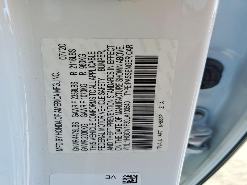 Продаж на аукціоні авто 2020 Honda Accord, vin: 1HGCV1F30LA103540, номер лоту: 65961536