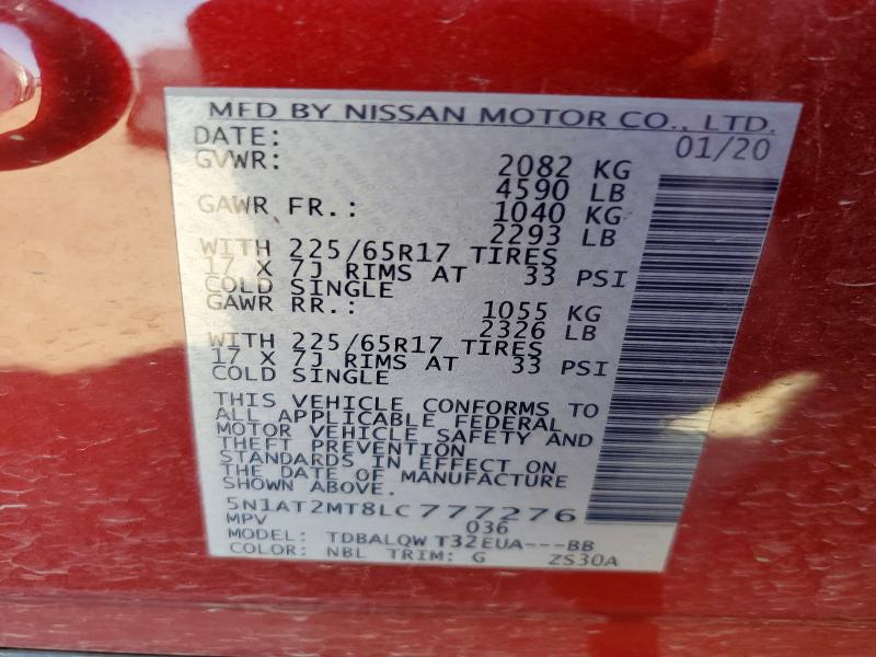 68276566 :رقم المزاد ، 5N1AT2MT8LC777276 vin ، 2020 Nissan Rogue مزاد بيع