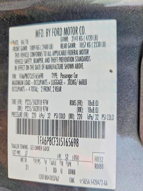 67815236 :رقم المزاد ، 1FA6P8CF3J5165698 vin ، 2018 Ford Mustang مزاد بيع