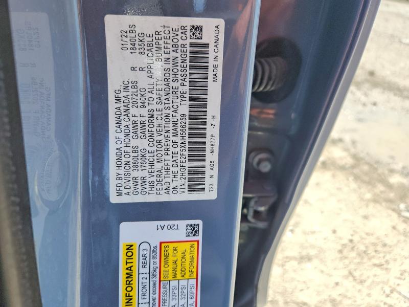 68752176 :رقم المزاد ، 2HGFE2F5XNH566259 vin ، 2022 Honda Civic مزاد بيع