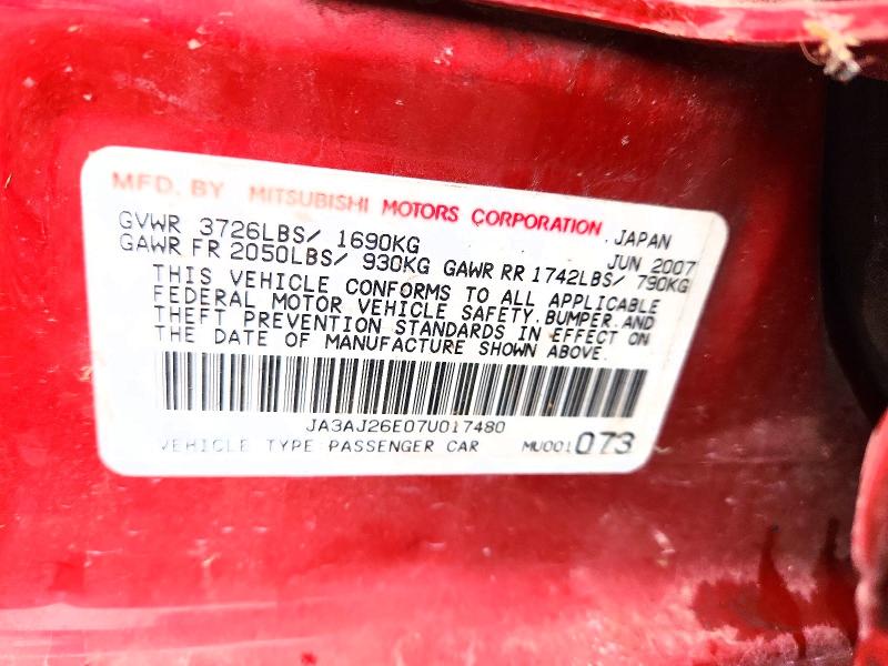 69904186 :رقم المزاد ، JA3AJ26E07U017480 vin ، 2007 Mitsubishi Lancer مزاد بيع