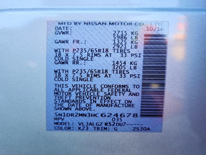 Aukcja sprzedaży 2017 Nissan Pathfinder, vin: 5N1DR2MN3HC624678, numer aukcji: 70891306