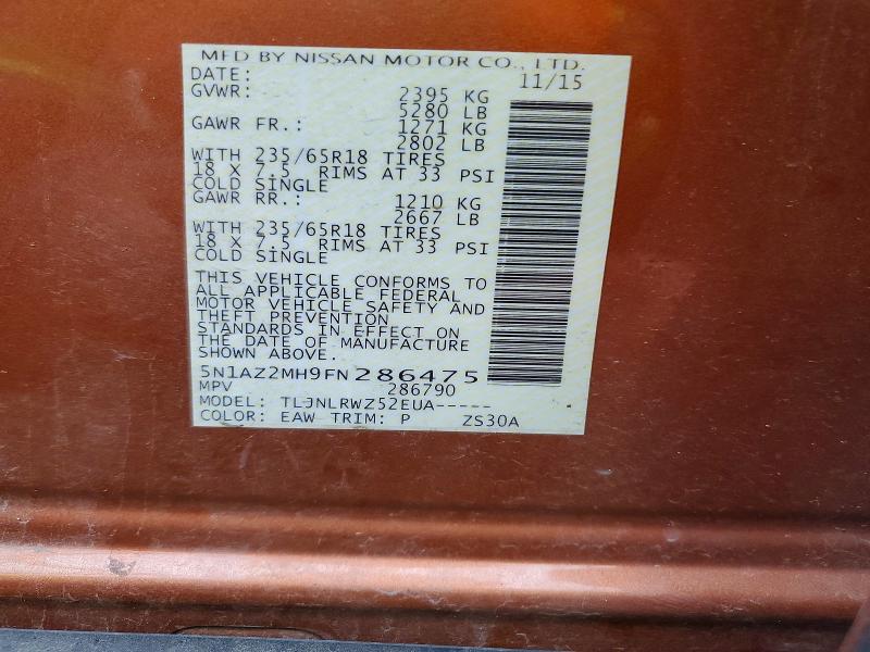 2015 Nissan Murano მანქანა იყიდება აუქციონზე, vin: 5N1AZ2MH9FN286475, აუქციონის ნომერი: 69571376