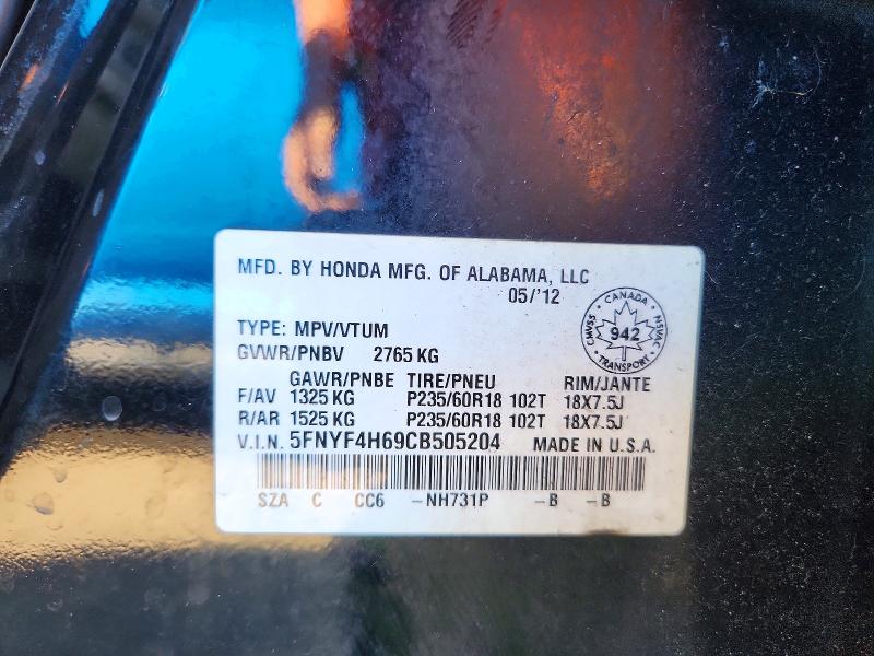 2012 Honda Pilot მანქანა იყიდება აუქციონზე, vin: 5FNYF4H69CB505204, აუქციონის ნომერი: 68781826