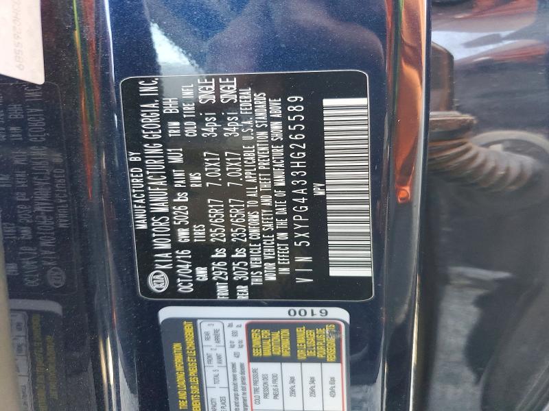 69261986 :رقم المزاد ، 5XYPG4A33HG265589 vin ، 2017 Kia Sorento مزاد بيع